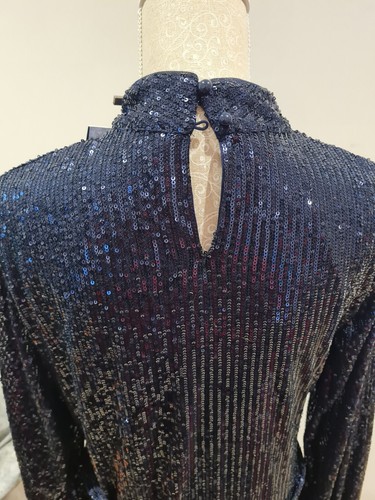 Sosandar Navy Blue Sequin Dress Size 20 Bnwt New High Neck Long Sleeved Xmas - 第 5/7 張圖片