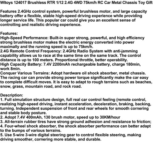 Wltoys 124017 Brushless RTR 1/12 2.4G 4WD 75km/h RC Car Metal Chassis Toy Gift U - Picture 10 of 12