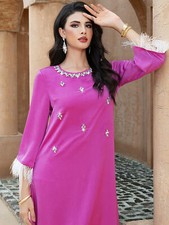 Elegant Women Kaftan Abaya Muslim Rhinestone Maxi Dress Dubai Satin Evening Gown