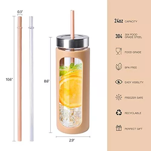 24OZ Glass Tumbler Cup with Bamboo Lid and Straw Mason Jar Drinking Glasses  Bottle for Smoothie Iced Coffee Juice Water BPA Free