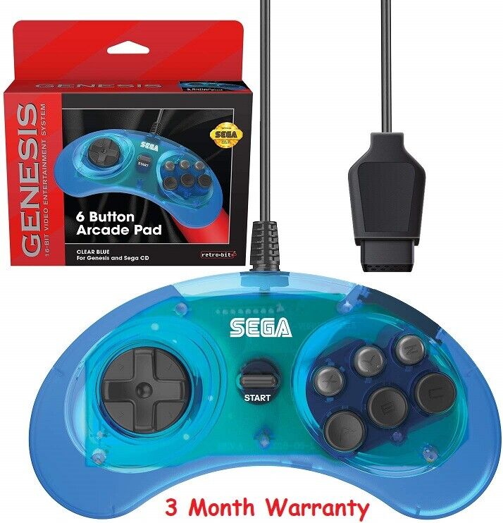 Retro-Bit Official Sega Genesis Controller 6-Button Arcade Pad - Clear Blue