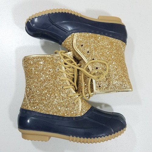 Sugar Skipper Womens Duck Boots Size 8 Gold Glitter / Navy - Picture 2 of 8