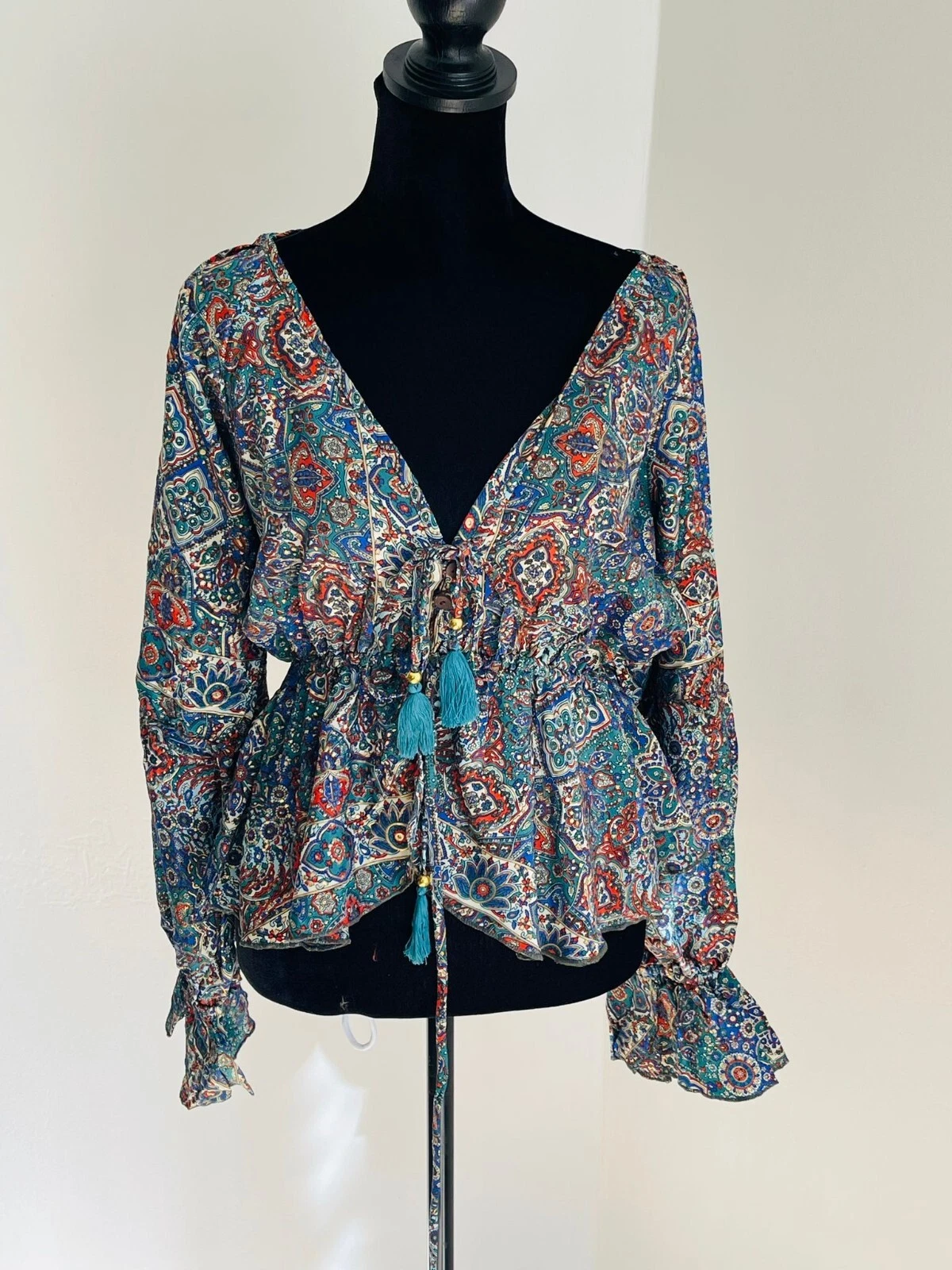 Bohemian Silk Top Bell Sleeve Silk Wrap Top Beach Wear Silk Tie Top Gift For Her
