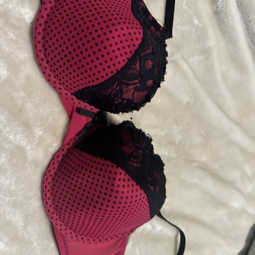 Vintage Y2K Jezebel Pink Black Lace Trim Dots Sz 38C Bra Mesh Pinup Nice - Picture 13 of 13