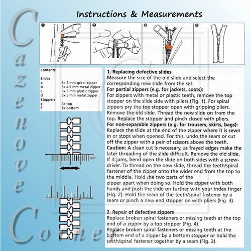 ZIPPER REPAIR KIT - Stops, sliders, spirals & instructions - Fix your own zip - Picture 2 of 2