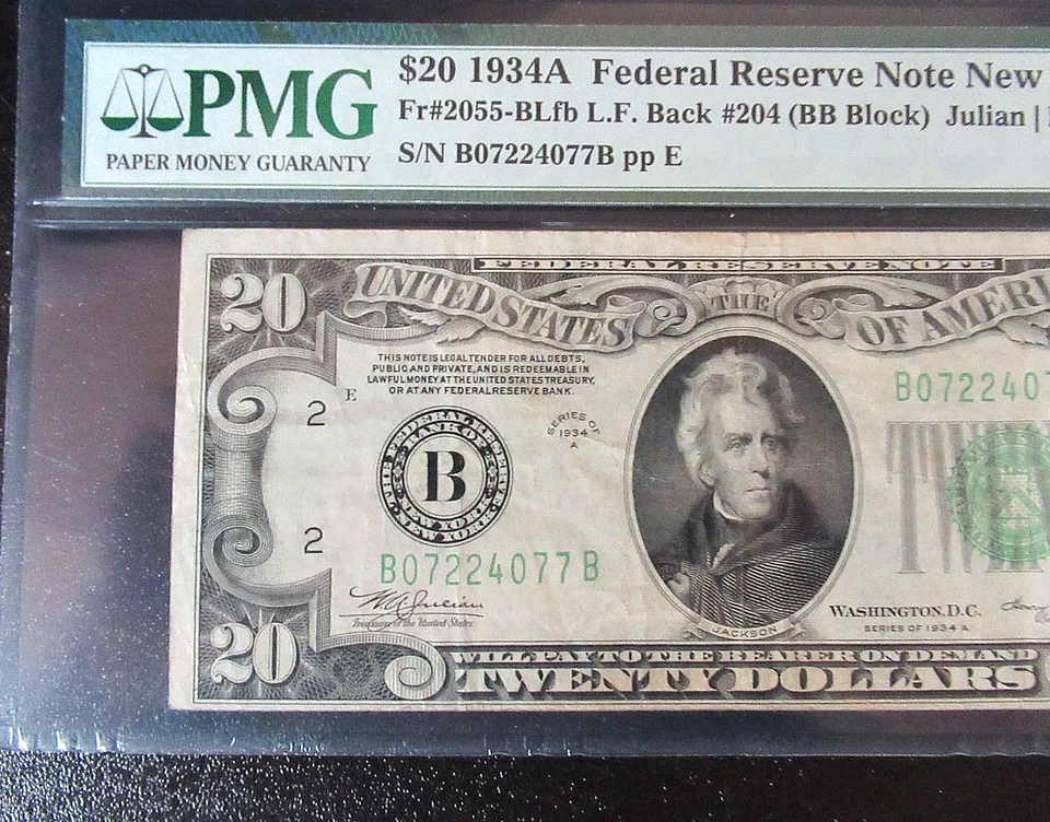 1934-A $20  $1 FWDERAL RESERVRE NOTE B07224077B 204 PLATE PMG 25 - Image 2 of 4