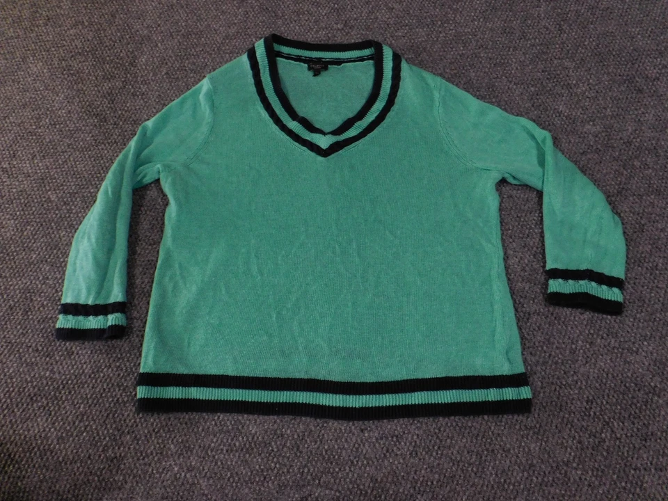 Suéter Talbots Mujer 2XP Verde Negro Cuello en V Lino Tejido Pullover Foto 2 de 4