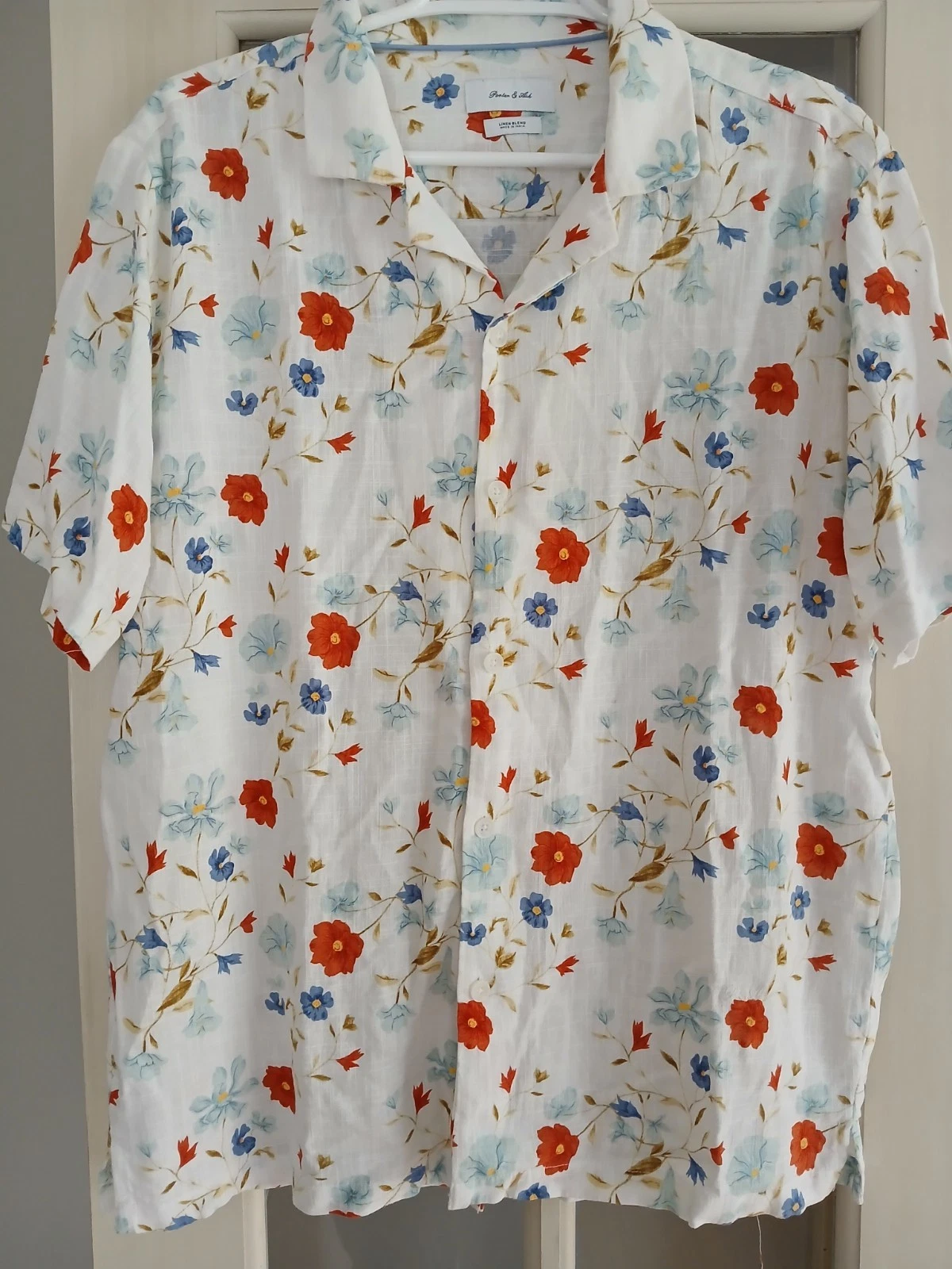 Porter & Ash Linen Blend Mens L White Floral Hawaiian Buttonup Shortsleeve Shirt