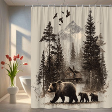 Bear Family in Forest Shower Curtain for Rustic Lodge Cabin Nature Bathroom