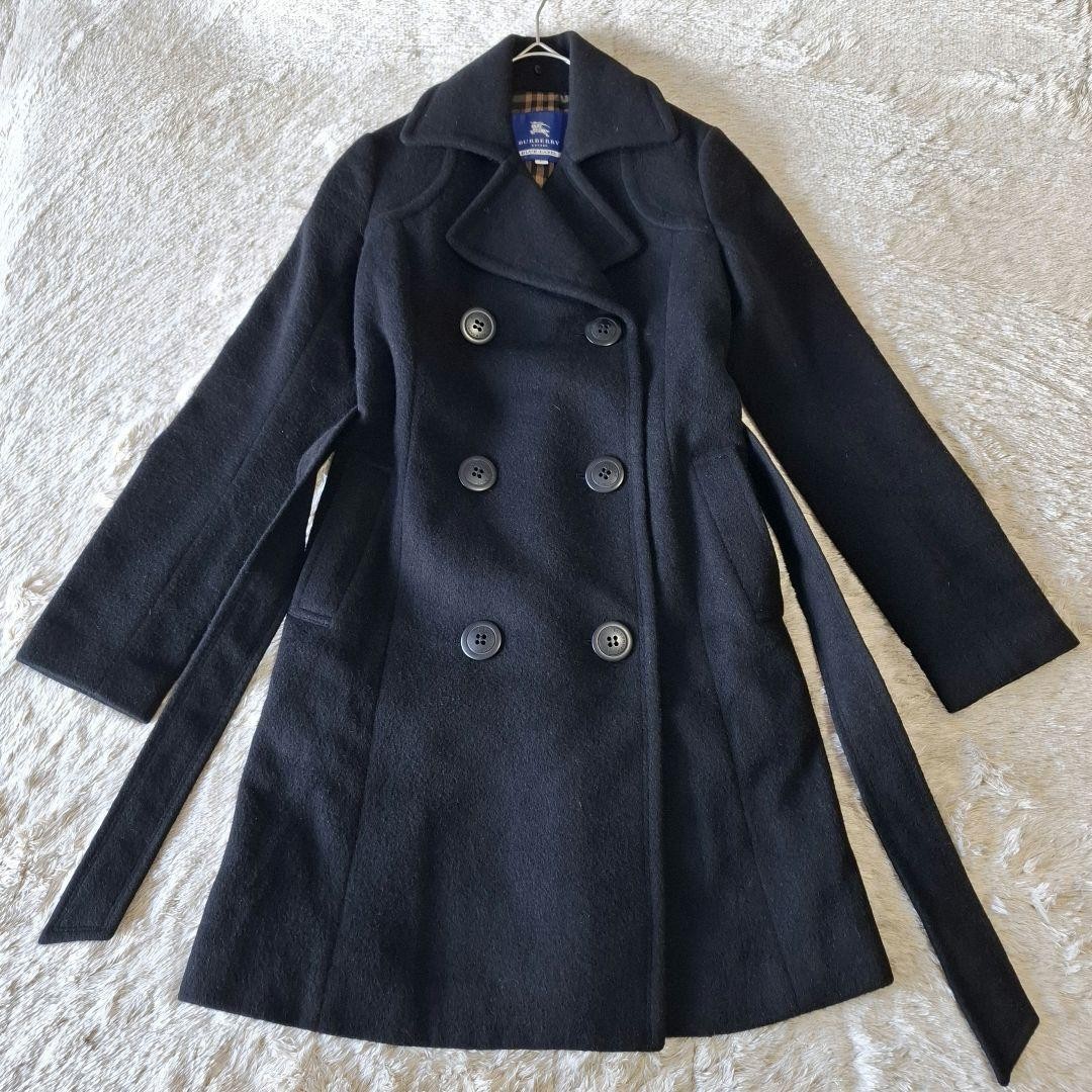 BURBERRY Blue Label Angora Wool Double-Breasted Long Coat Black Size S Small thumbnail 3