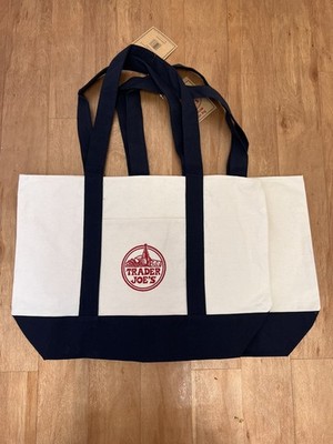 Brand new Trader Joe's Set of 2 NAVY BLUE  Authentic, Large Canvas Tote Bags  