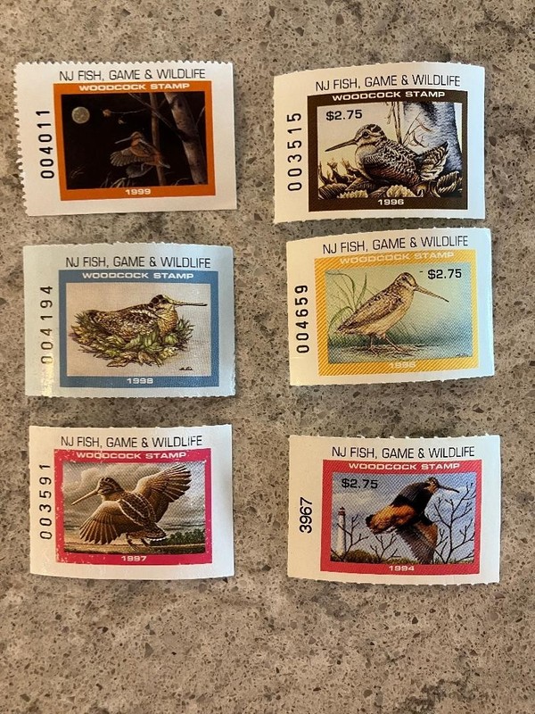 Vintage NJ New Jersey Fish Game Woodcook Stamps 1994 thru 1999 Unsigned Unused.