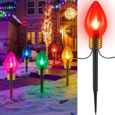 Jumbo C9 Christmas Lights Outdoor Decorations Lawn with Pathway Marker Stakes, 8