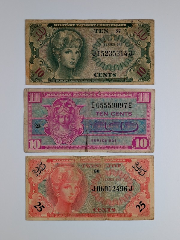 Different Series Military Payment Certificates Lot of 3 G/VG