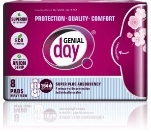 Genial Day Eco-Certified Super Absorbent Heavy Flow с анионной полоской 8 прокладок в коробке 2090₽