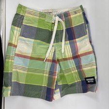 Abercrombie Fitch Shorts Mens M Green Plaid Swim Board Shorts Lined Tie Waist