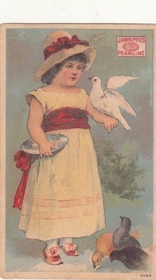 James Pyle's Pearline for Teeth Girl White Dress Dove Pigeons Vict Card c1880s