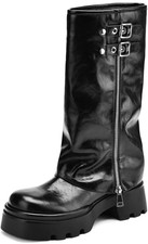 Black Faux Leather Knee High Platform Lug Sole Boots Zip Buckle US 7.5
