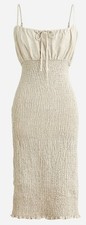 NWT J. Crew Womens 100% Linen Beige Smocked Tie Front Midi Dress Size 10