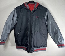 Nike Reversible Puffer Jacket Kids Yourh Size L Black Red Grey Hooded Full Zip
