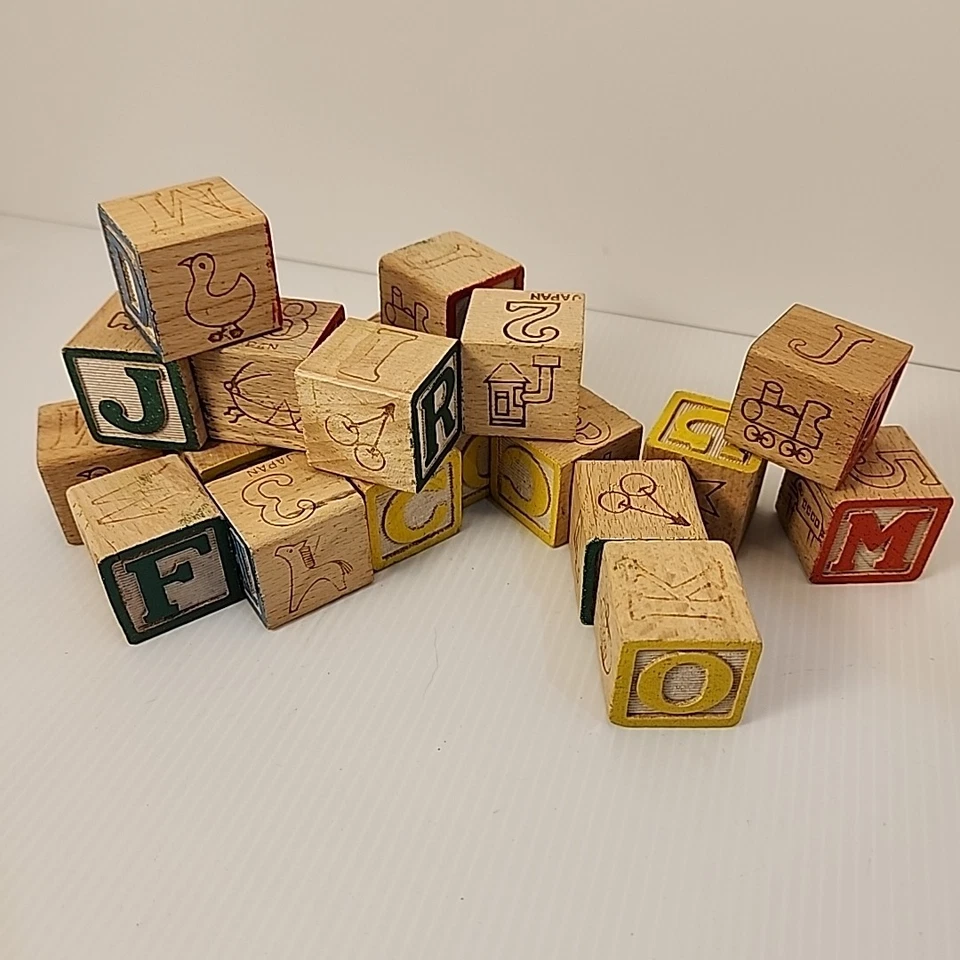 Vintage 20-Piece Wooden Children Alphabet Number Picture Toy Blocks Japan - Image 3 of 4