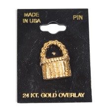 24 Kt Gold Overlay Wicker Basket Lapel Jacket Bag Backpack Pin Made In USA