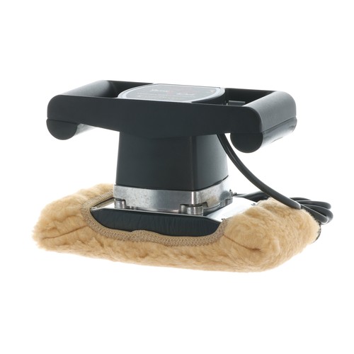 Black Jeanie Rub massager with raised textured surface and tan fleece pad cover, shown on a white background.