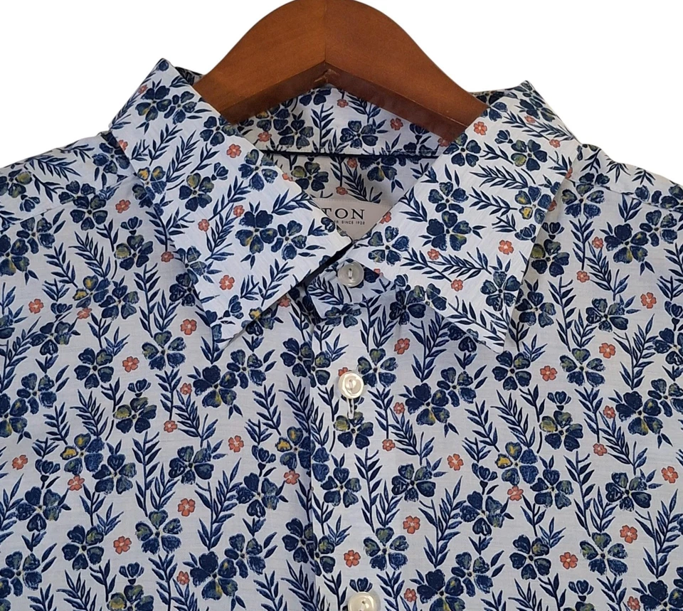 Camisa Eton Para Hombre 3XL Blanca Azul Floral Clásica Botón Delantero Manga Larga Algodón Foto 3 de 4