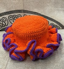 Crochet Ruffle Hat: Handmade Bucket Hat, Ruffle Beanie, Orange, Adjustable
