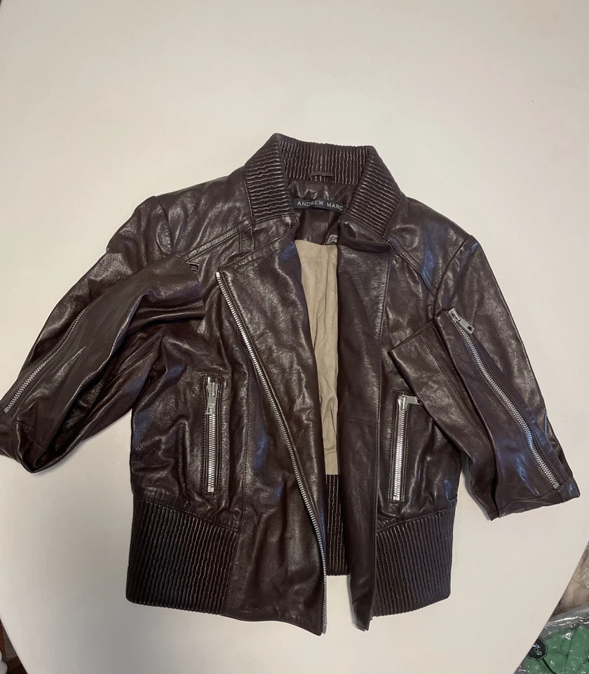 Andrew Marc女式S码巧克力棕色皮革夹克 — 第 2/4 张图片