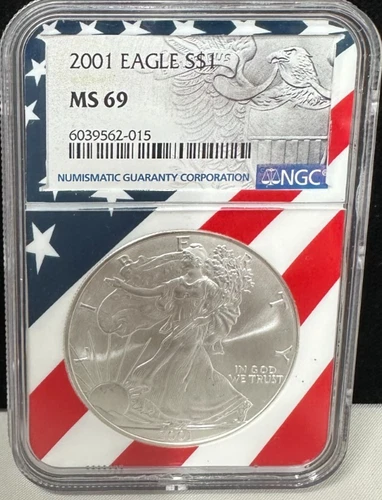 2001 $1 AMERICAN SILVER EAGLE NGC MS69 USA FLAG CORE HOLDER