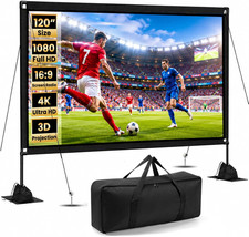 120 Inch Projector Screen with Stand, 16:9 4K HD Portable Outdoor Indoor Movie S