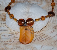 Wire Wrapped Amber Yellow Faux Sea Glass Necklace 19" Handmade Beaded Jewelry