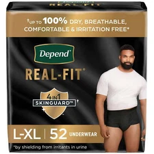 Depend Real Fit Incontinence Underwear Men, Adult Diapers, L/XL, Black, 52 Count
