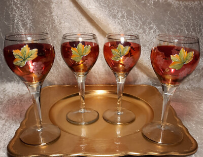 4 Gorgeously Handpainted Grapes & Leaves Cranberry Flash Romanian Wine Glasses