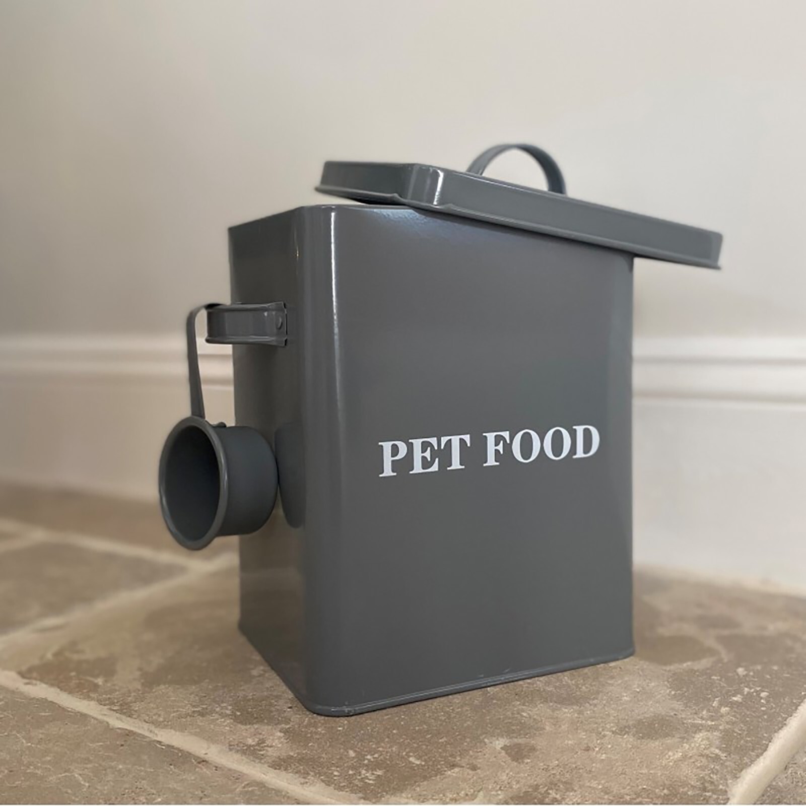 Pet Food Storage Tin Caddy in French Grey for Kitchen Dog Treat, Cat