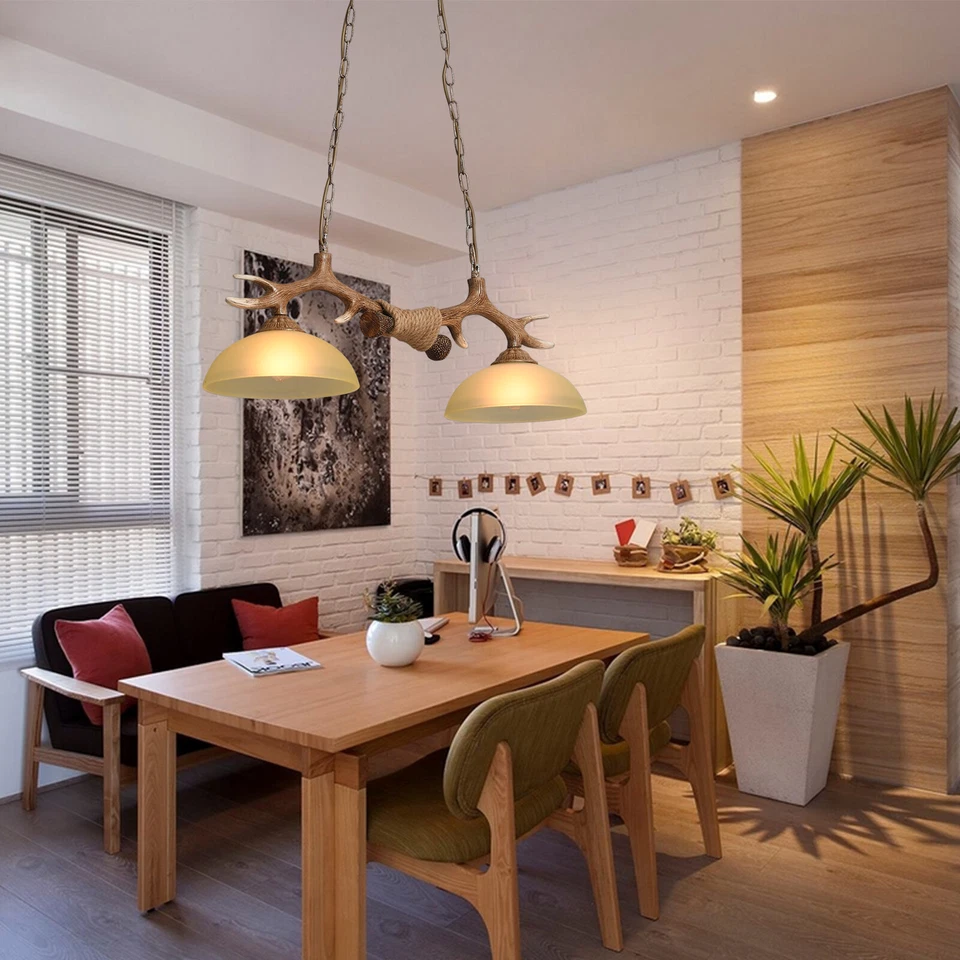 Lámpara colgante cuerno de ciervo lámpara colgante de techo de 2 luces resina vintage Foto 3 de 4