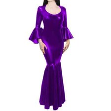 Lady Mermaid Leather PVC Neck Flare Half Sleeve Women Evening Fishtail Dress    