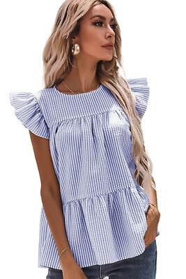Women's Striped Print Flutter Sleeve Gathered Top Blouse