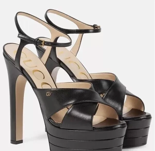 Sandales escarpins en cuir noir logo Gucci Platform GG neuves dans leur boîte   IT 39/ US 9