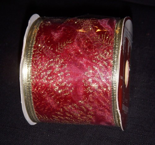 Burgundy Red with Gold Pinecones 2.5" Wired Ribbon 2 1/2" Wire Edged 9 Feet Roll - Picture 4 of 4