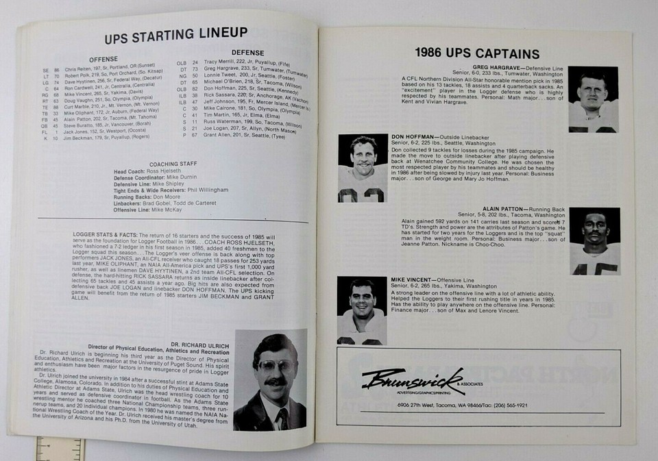 1986 Puget Sound Loggers vs Pacific Lutheran Lutes Football Program