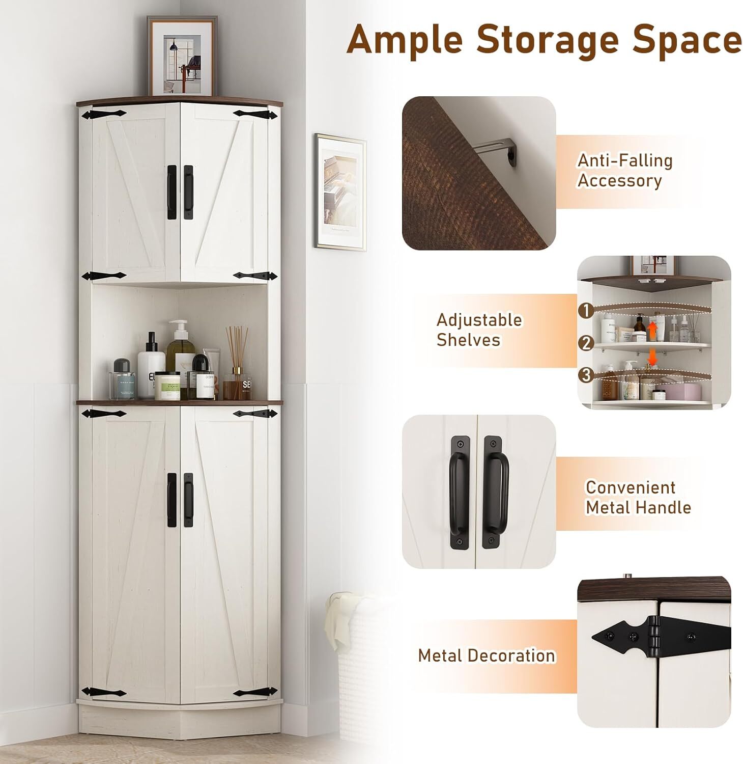 68" Tall Farmhouse Corner Cabinet, Dining Room Storage Cabinet Rustic White