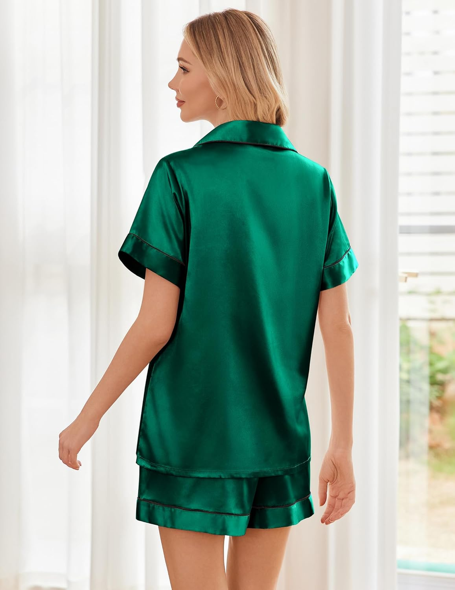 Satin Pajamas Dark Green Loungewear Set Pj Sets For Woman Women's