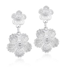 925 Silver Double Flower Dangle Earrings