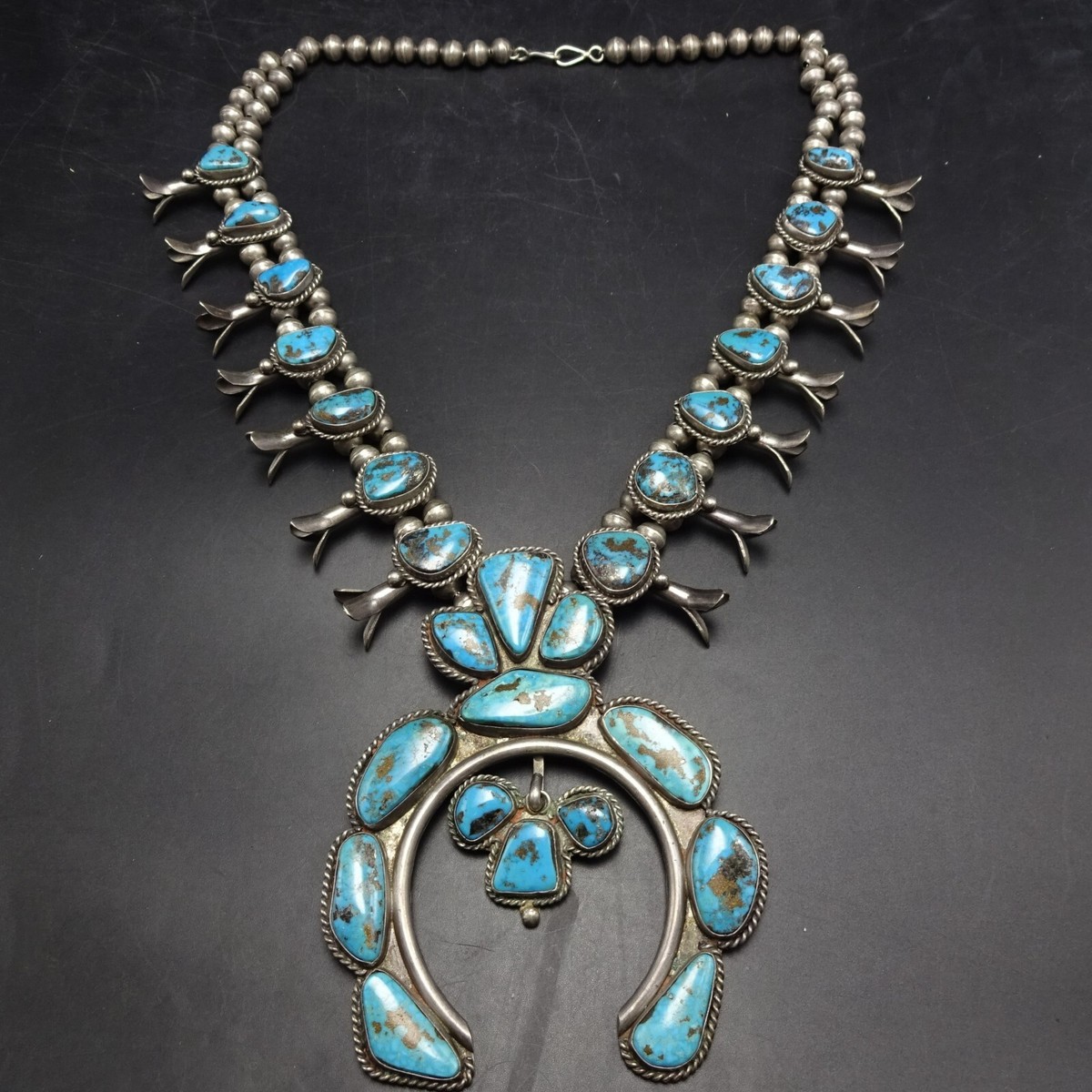Native American Jewelry Magnifiecent Vintage Sterling Silver Turquoise Squash Blossom Necklace Old Native American Jewelry Magnifiecent Vintage Sterling Silver Turquoise Squash Blossom Necklace Old