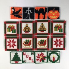 Lot of 16 Completed Needlepoint Holiday Christmas Halloween Ornaments No Hooks