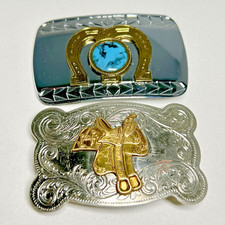 Belt Buckles Nickel Silver Chambers Cowboy Saddle Lucky Horseshoe Faux Turquoise