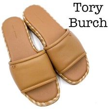 New Tory Burch Tan Leather Espadrilles Slide Sandals Size 7