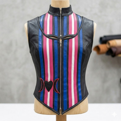 Genuine Leather Corset Vest Women Striped Gothic Body Shaper Lace Up Waist Coat